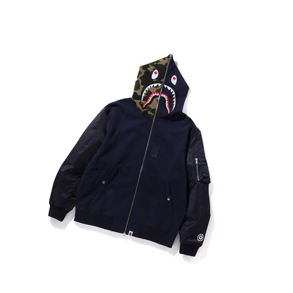 A BATHING APE Bape Military Shark Relaxed Fit Full Zip Throughs Hoodie Herren Navy Blau | 34105LNOR