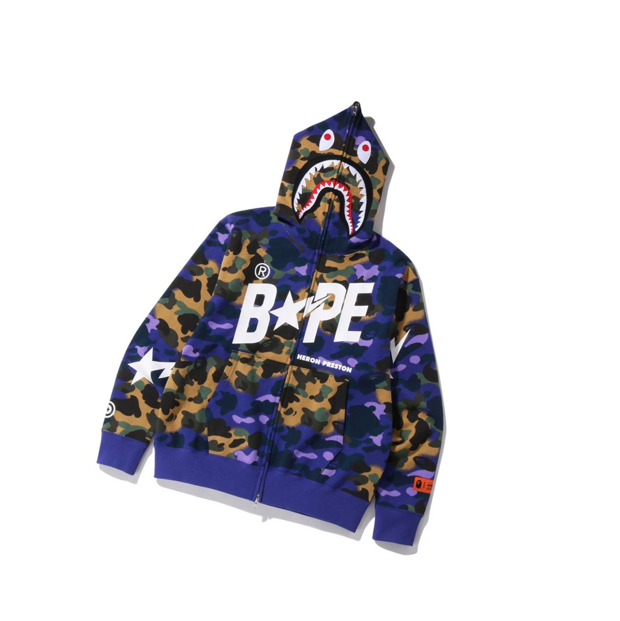 A BATHING APE Bape X Heron Preston Mix 1st Camo Shark Relaxed Full Zip Throughs Hoodie Herren Lila | 51382AGMZ